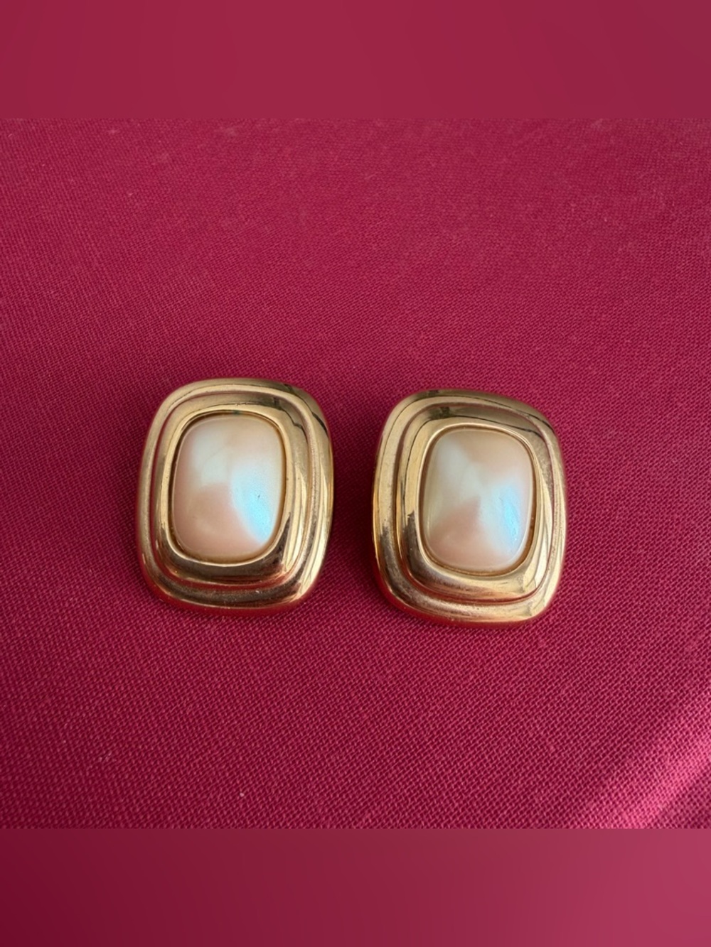 Vintage Givenchy Gold Color Faux Pearl Rectangle Clip Earrings Classic